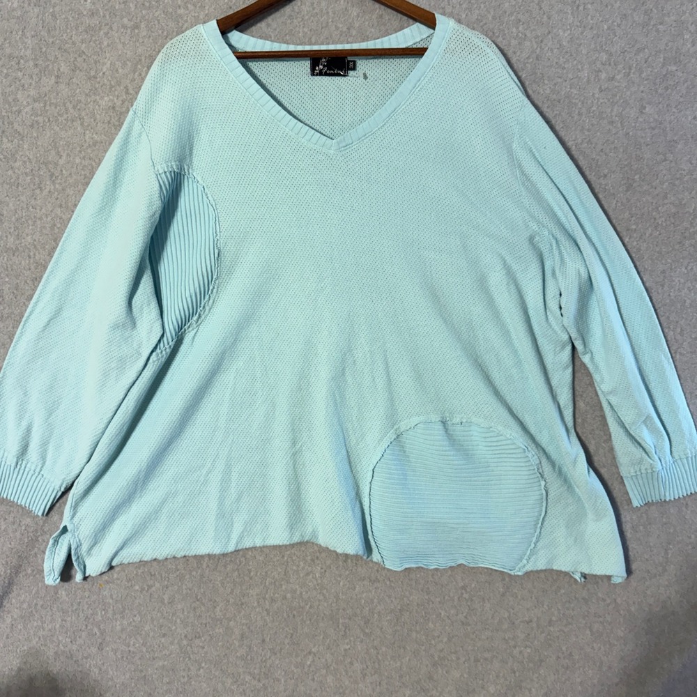 Fenini 3X Aqua Blue Textured V Neck Long Sleeve Oversized Sweater Top